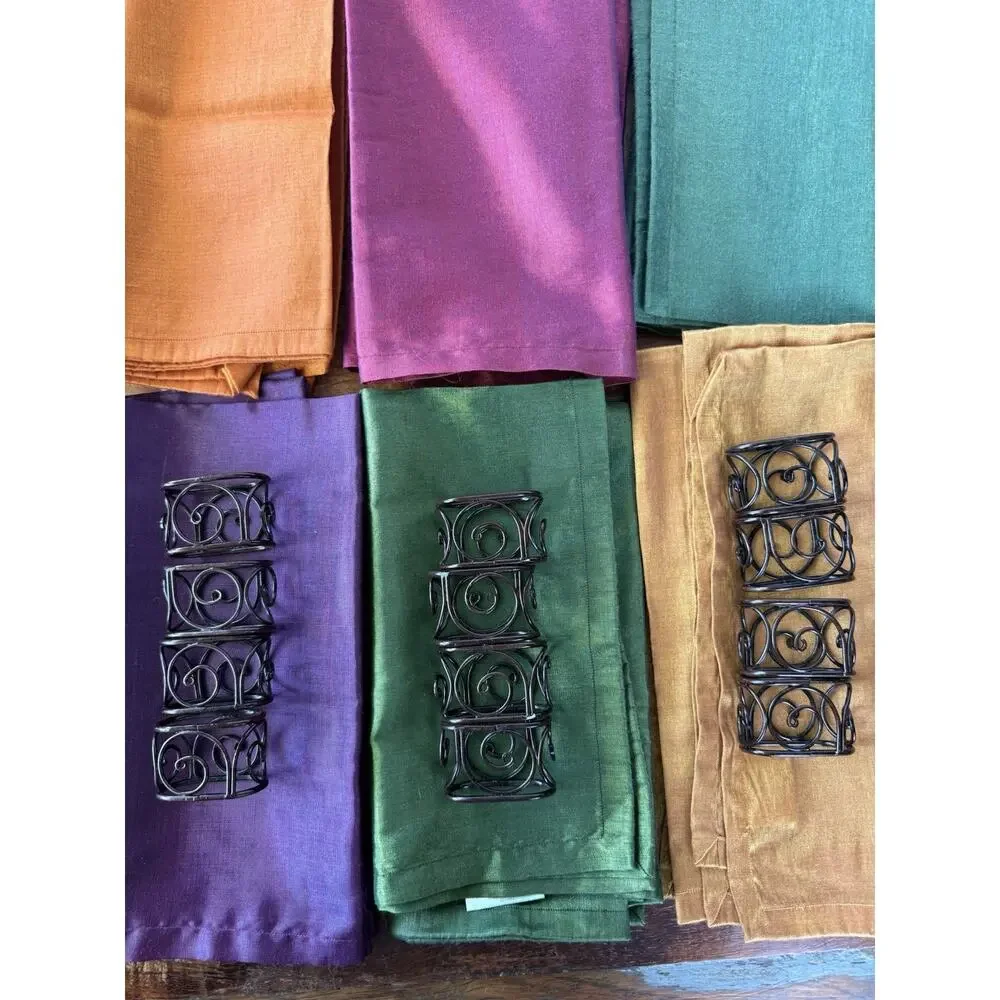 Crate & Barrel Elan 12 Jewel Tone Napkins 12 Metal Rings Bark Basket Set Fall